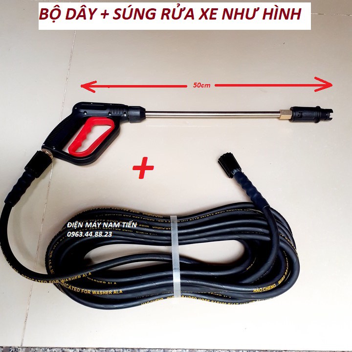 bộ súng xịt và dây rửa xe 10m-ren 22mm - súng cò đỏ dài+dây 10m lõi thép