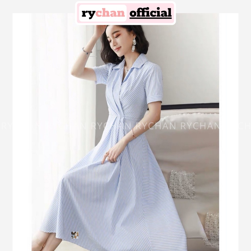 Đầm Xòe Công Sở Đắp Chéo Sọc Xanh Cổ Bẻ - DX657