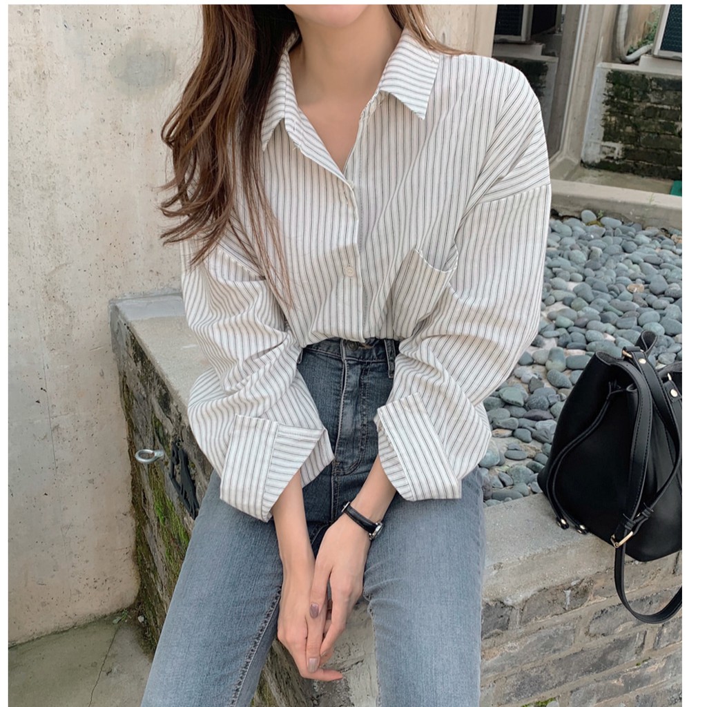 Áo sơ mi dài tay kẻ sọc/ Áo khoác không tay cổ chữ V màu trơn Peppermint 38053 xinh xắn dành cho nữ