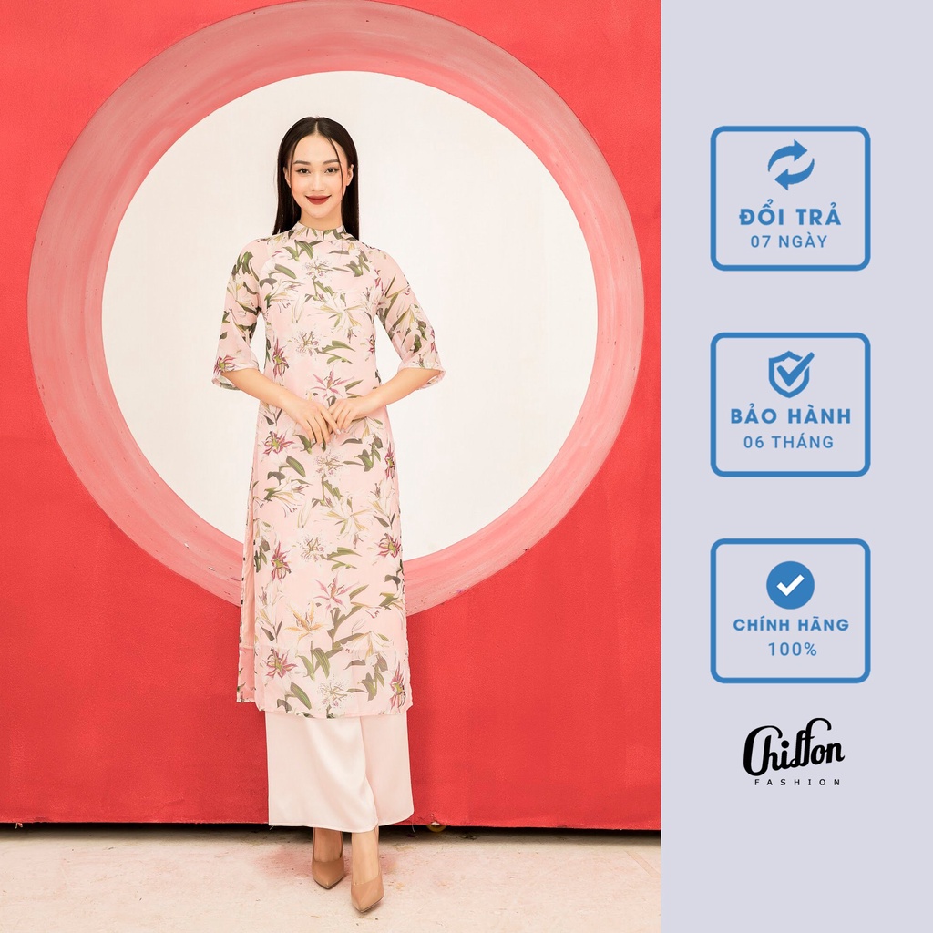 Chiffon_Set áo dài hoa huệ tây