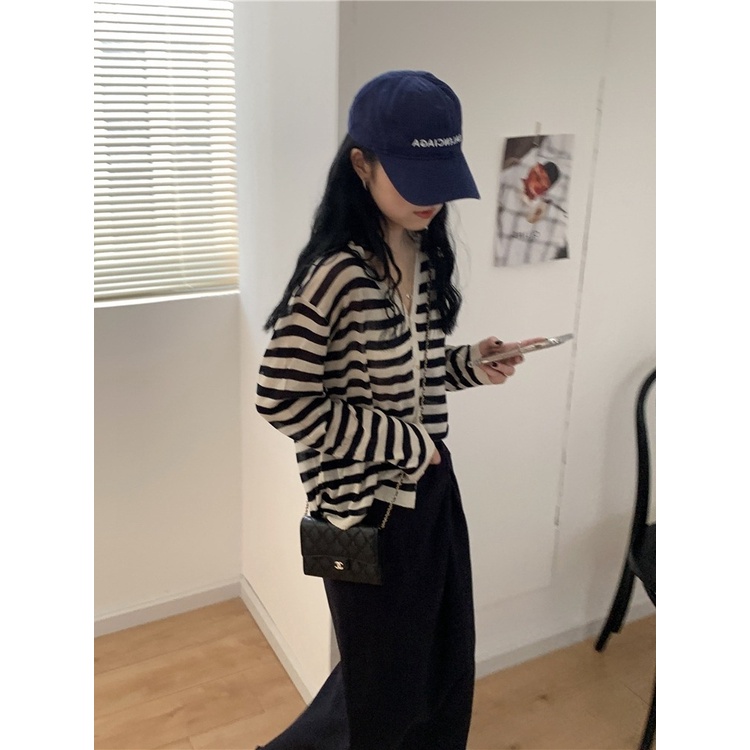 ZHELIHANGFEI Áo Cardigan Dệt Kim Tay Dài Dáng Rộng Kẻ Sọc Thời Trang Retro