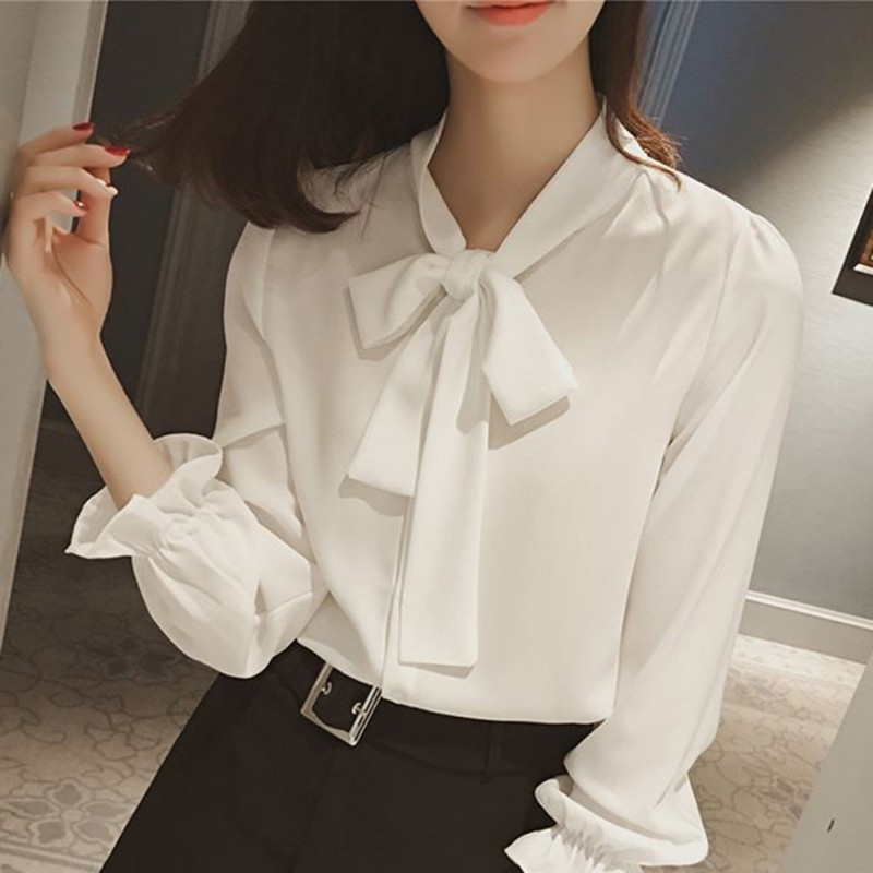 Áo Kiểu Tay Dài Chất Chiffon Phối Nơ Thiết Kế Thanh Lịch Cho Phái Nữ