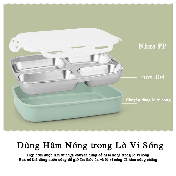 Hộp đựng cơm giữ nhiệt văn phòng hộp cơm inox 304 3/4 ngăn dung tích 1l 3 màu hàng nội địa cao cấp HDC02