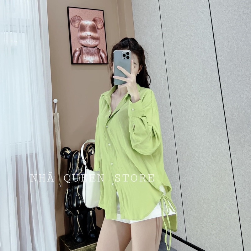 Set áo sơmi lụa xanh kèm quần sort MT