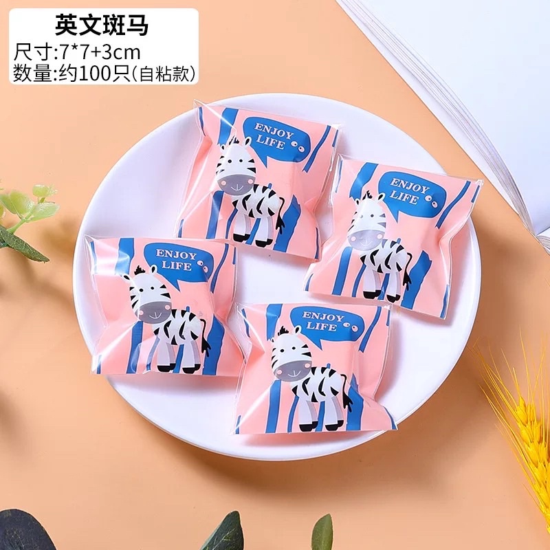 Set 10, 20, 50 túi kiếng dán đựng bánh cookie, quà tặng Unicorn hồng 7 x 7 cm