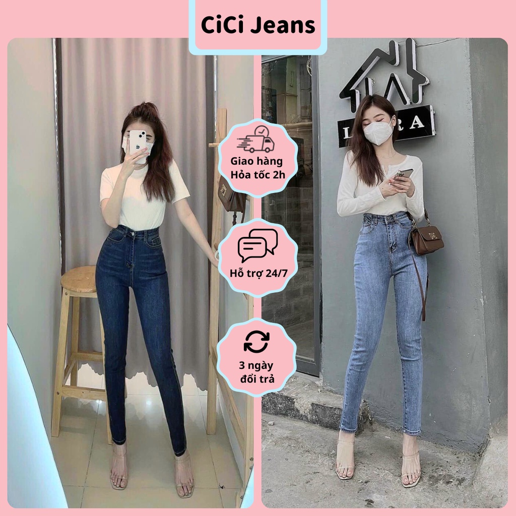 Quần Jean Nữ Skinny Xanh Trơn Lưng Cao Cici, Quần Bò Nữ Dáng Ôm Gấu Thường - CiCi Jeans