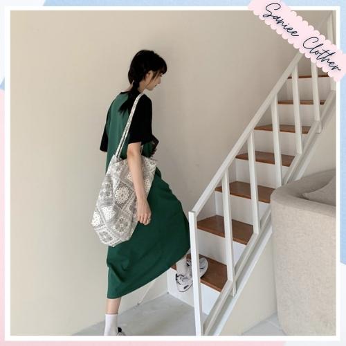 Váy thun nữ dáng suông cổ tròn ulzzang đầm xuông nữ form rộng tay lỡ phối màu thoáng mát năng động Saniee Clother