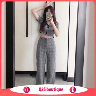 Set áo croptop kẻ caro cổ vest mix quần caro xám ống suông hot hit