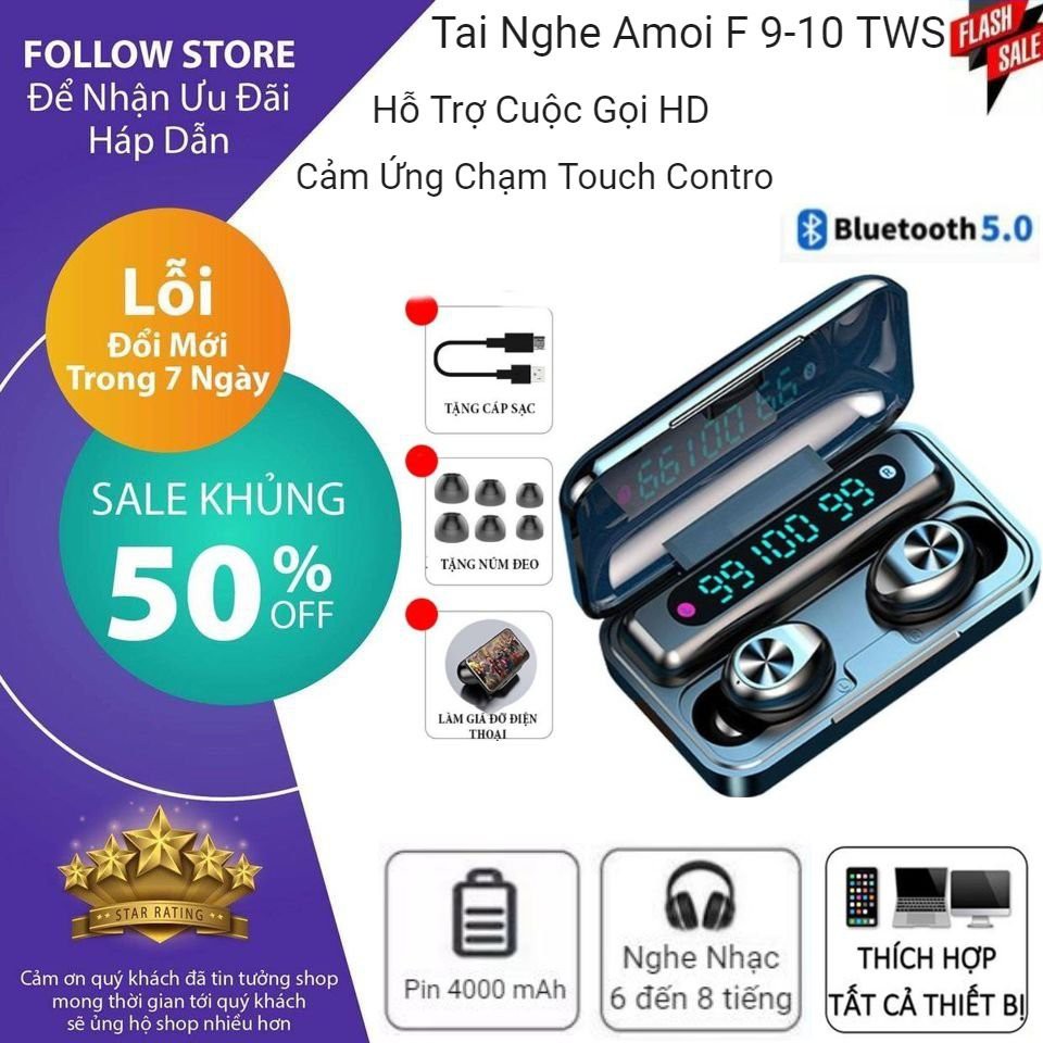 [AMOI F9-10]Tai Nghe Bluetooth nhét tai AMOI F9-10 TWS Không Dây Pro Max 2021 | nút cảm ứng | Hiển thị % pin