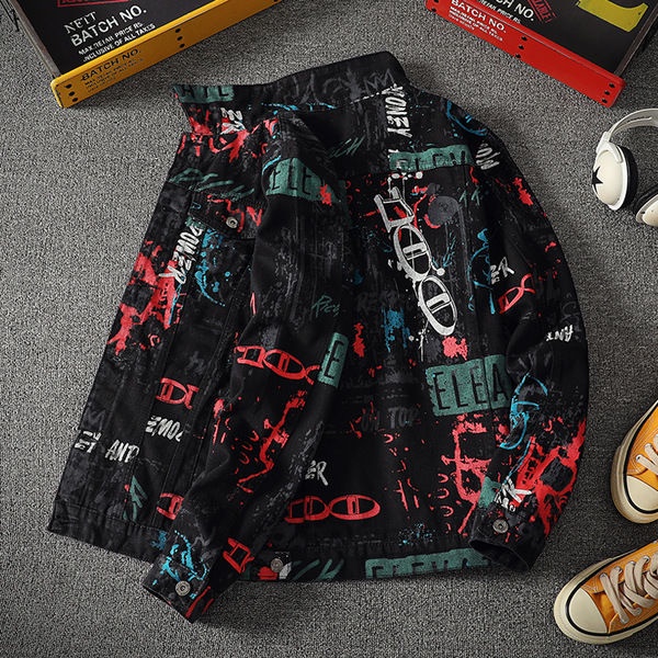 Autumn graffiti printed denim jacket men's spring and autumn tide card leisure Korean version of the trend to put on clothes, jackets and coats