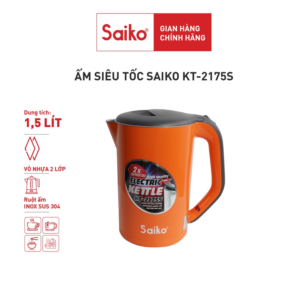 [Hàng chính hãng] Ấm siêu tốc 2 lớp 1.7L công suất 1800W Saiko KT-2175S