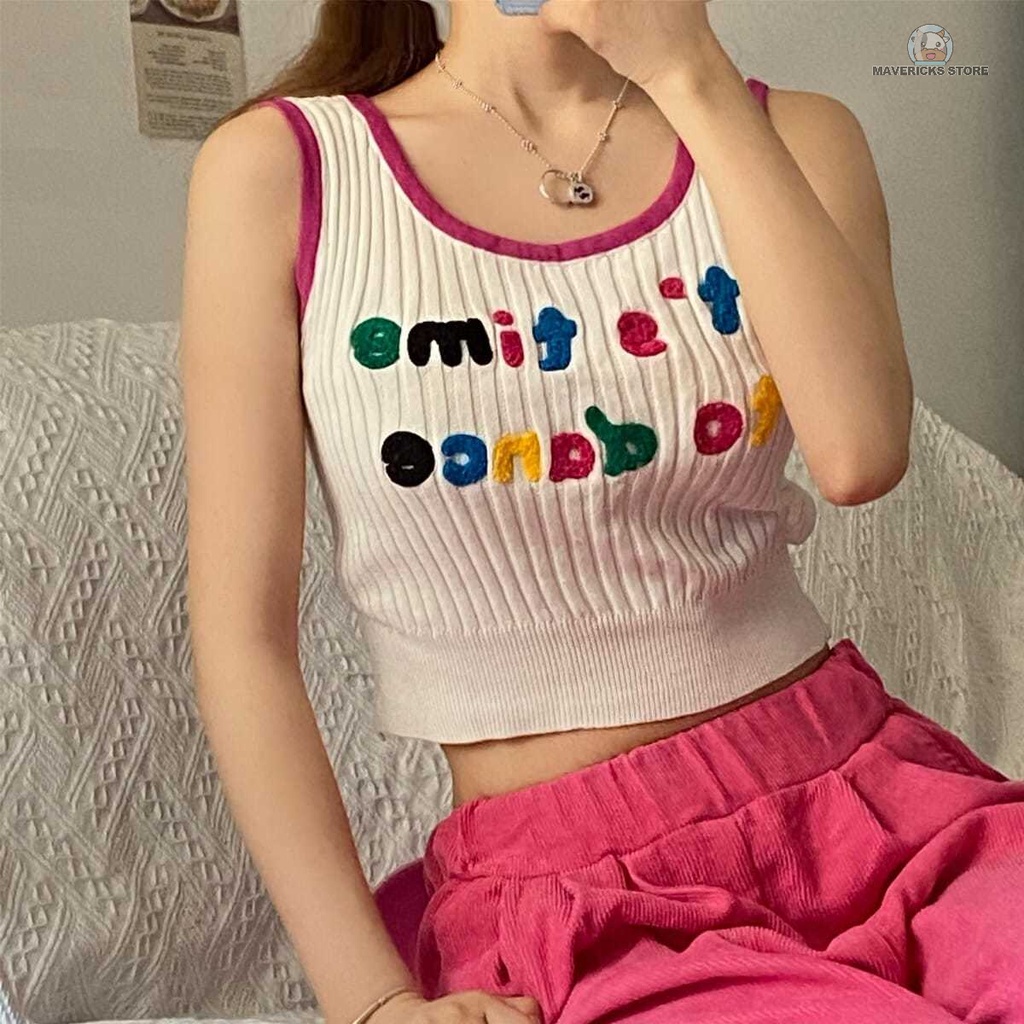 [L2M] Áo len nữ Montoghi dệt kim THÊU CHỮ NỔI Quảng Châu hai dây dáng ôm nhiều màu sắc cực kute