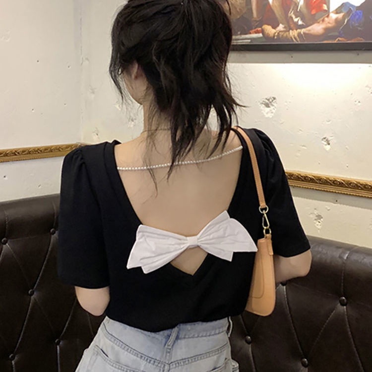 Áo thun tay phồng hở lưng phối nơ phong cách Hàn Quốc thời trang mùa hè mới cho nữ