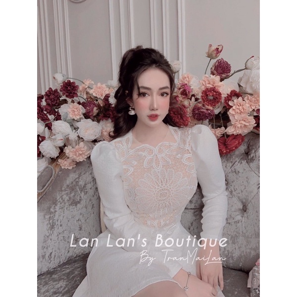 ĐẦM GẤM HOA TAY DÀI PHỐI REN NGỰC