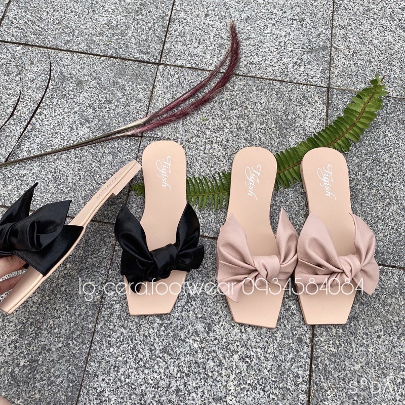 DÉP LÊ QUAI NƠ VINTAGE CHẤT DA MỀM CỰC KỲ ÊM - DÉP NƠ QUAI NGANG ĐI BIỂN DỄ THƯƠNG - ĐEN - HỒNG