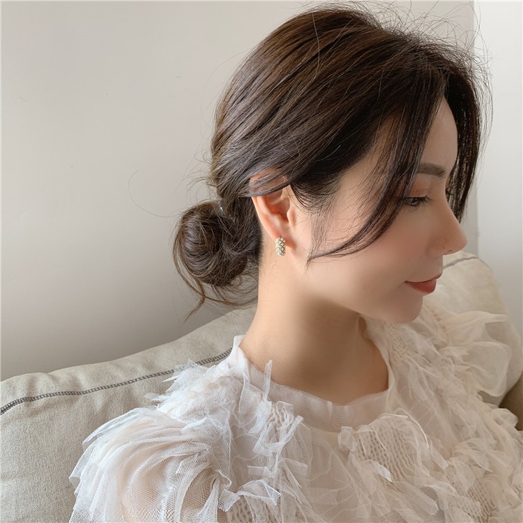 Bông Tai Ngọc Trai Hình Chữ C Phong Cách vintage Hàn Quốc