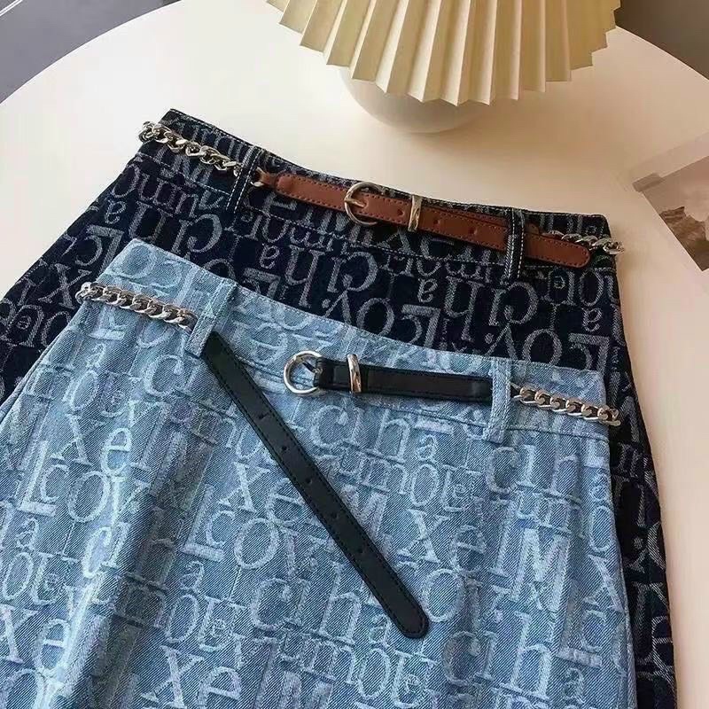 Chân váy chữ A chất  jean họa tiết chữ, vải dày dặn tặng kèm dây đai xích cá tính | BigBuy360 - bigbuy360.vn