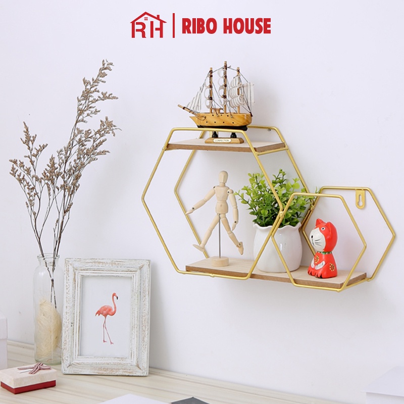 Kệ decor lục giác RIBO HOUSE khung kim loại pha gỗ treo tường trang trí nhà cửa, để đồ siêu xinh RIBO171