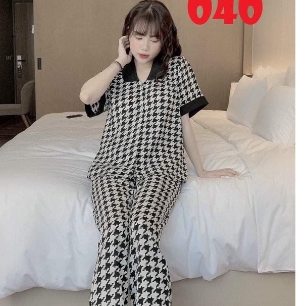Bộ đồ ngủ pijama nữ cộc tay quần dài chất lụa Kate Thái mềm mịn họa tiết zic zac đen