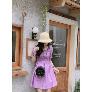 VÁY NỮ TÍM TAY BỒNG CHUN EO