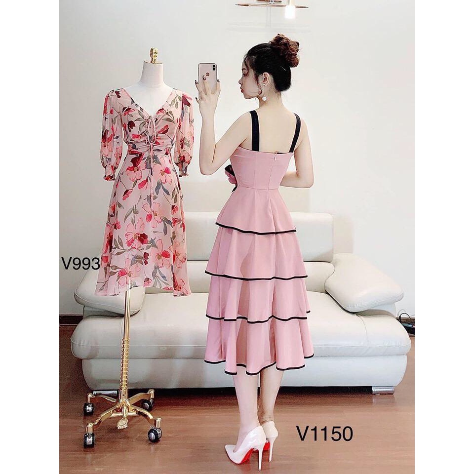 (Kèm hình thật) Đầm xòe 4 tầng đính bông - hàng thiết kế chuẩn shop