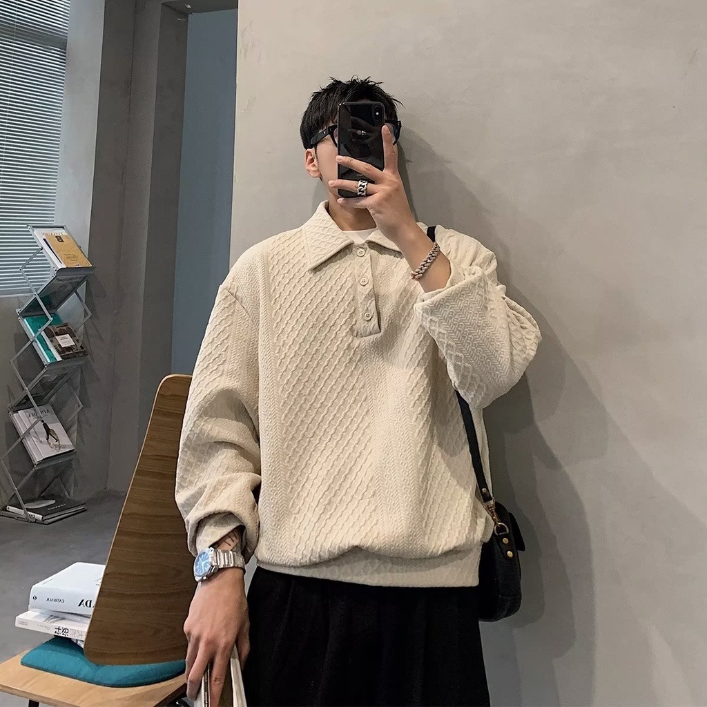 Áo Sweater Polo Nam Dáng Rộng Màu Trơn áo sweater có cổ Đơn Giản Cá Tính Thời Trang SweatShirts Unisex Phong Cách Hàn Quốc áo sweater nam