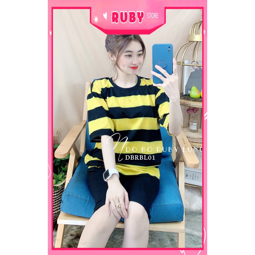 Đồ bộ thun lửng cho nữ mặc nhà chất vải mềm mát phối sọc in họa tiết xinh xắn DBRBLCT