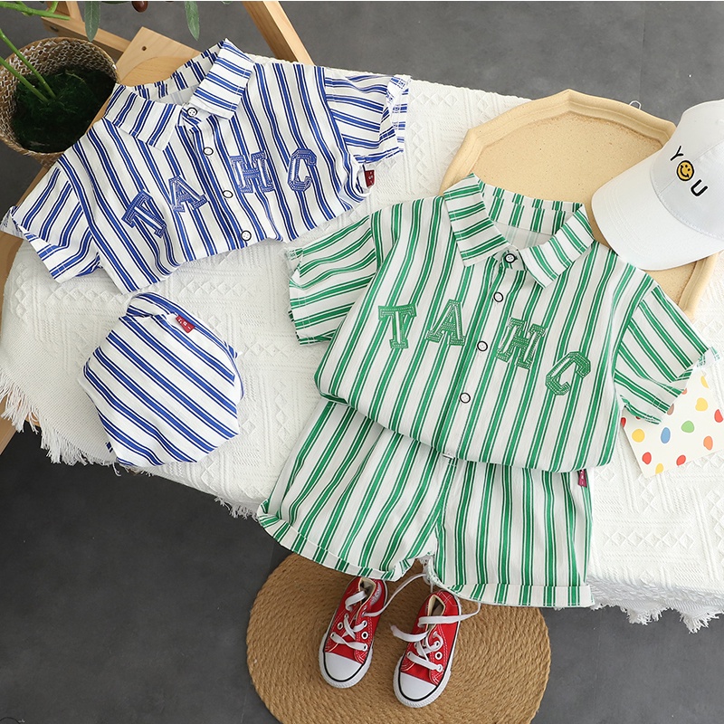 Set Áo Sơ Mi Tay Ngắn Kẻ Sọc + Quần Short Cotton In Chữ Thời Trang Mùa Hè Cho Bé Size 80-120cm