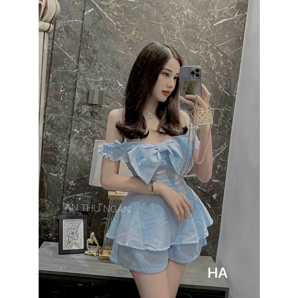 Sét Bộ Áo Trễ Vai Nơ Xốp Sọc, Sét Bộ Đi Chơi Dễ Thương Bigsize Quỳnh Anh Từ 50 kg Đến 100 kg M/L/XL/XXL