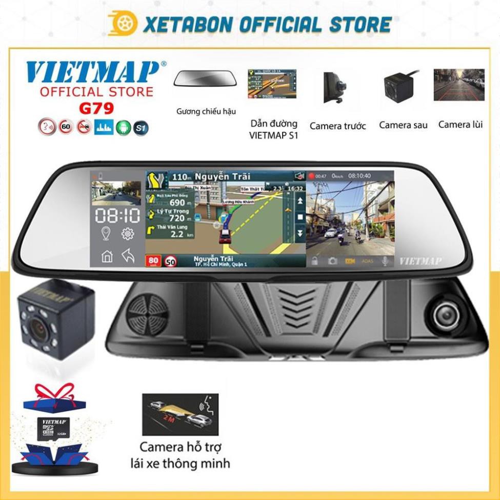 VIETMAP G79 - Camera Hành Trình Ghi Hình Trước Sau+ Bản Đồ Dẫn Đường+ Màn Hình Hiển Thị 3 Khung Hình+THẺ 32G