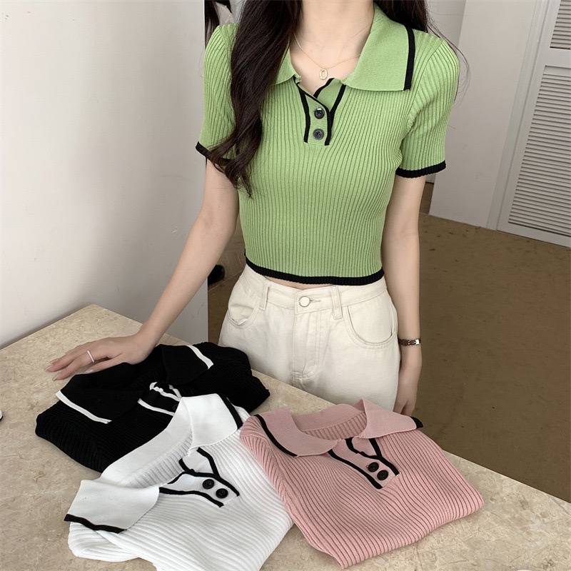Áo polo croptop len gân nữ tay ngắn kiểu cổ bẻ dáng ôm body dệt kim thời trang Quảng Châu cao cấp trẻ trung
