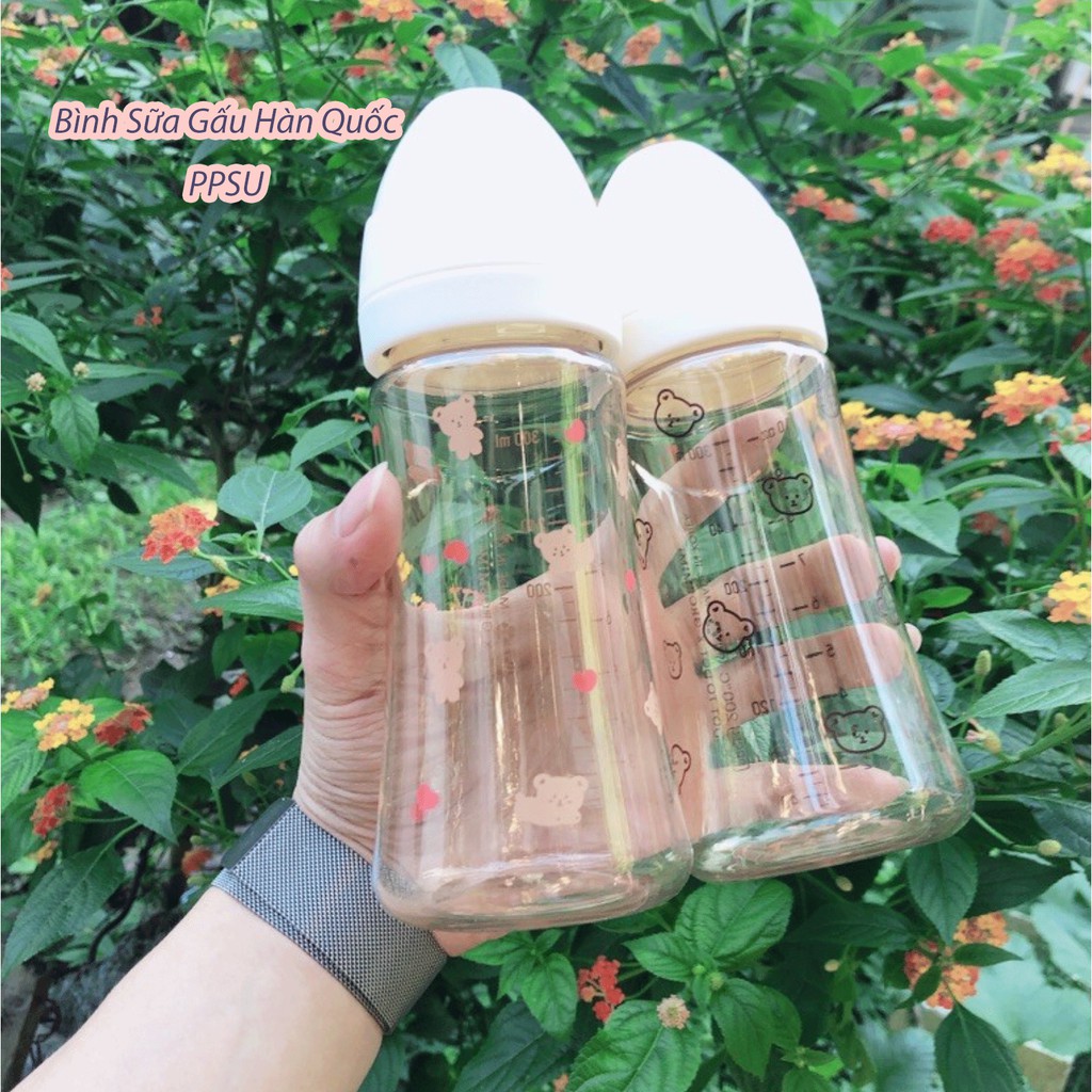 Bình sữa Gấu núm mềm PPSU Hàn Quốc Chính Hãng 200ml/300ml, Hỗ trợ đổi núm, Kèm Quà Tặng