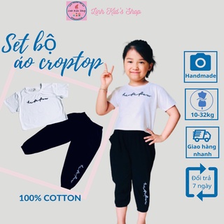 [Ảnh thật] Bộ mặc nhà áo ngắn tay quần lửng chất cotton cho bé gái 10-32kg phong cách hiphop