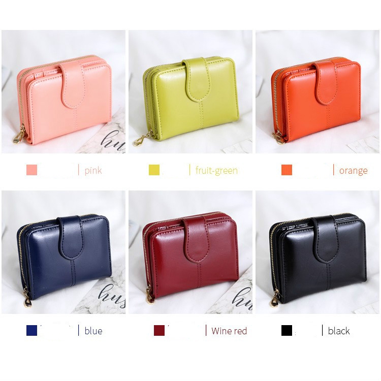 Ví da PU ngắn khóa kéo đựng thẻ thiết kế cầm tay cho nữ