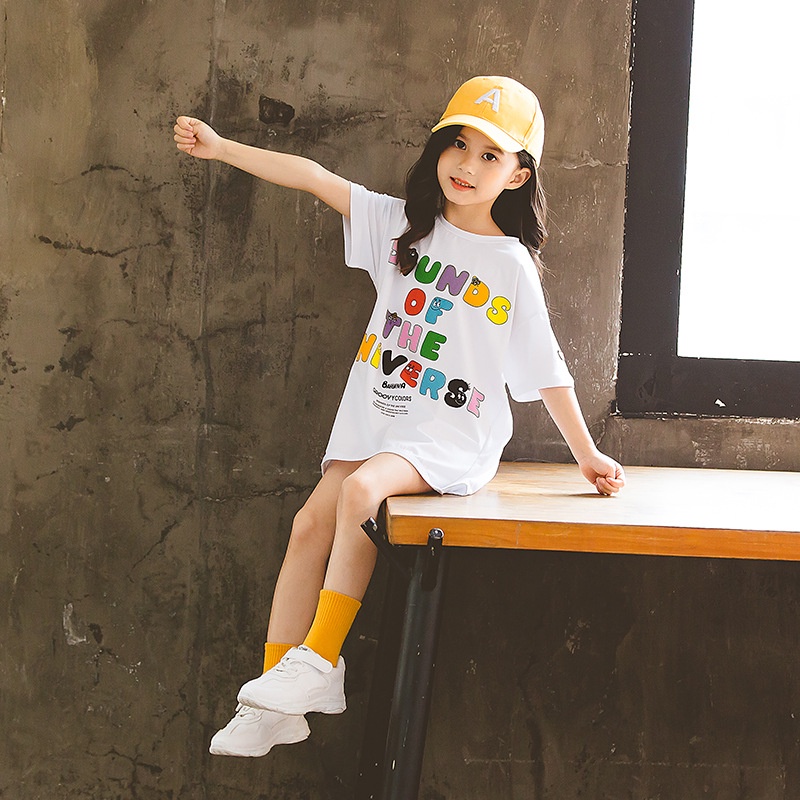 Áo phông dáng thụng - Áo váy trẻ em, đầm suông thun cotton in chữ cho bé gái từ 8 đến 20 kg, SUN KIDS
