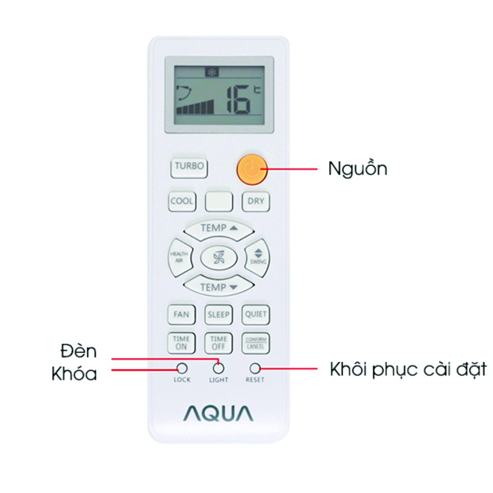 Remote máy lạnh Aqua có nút màu cam.