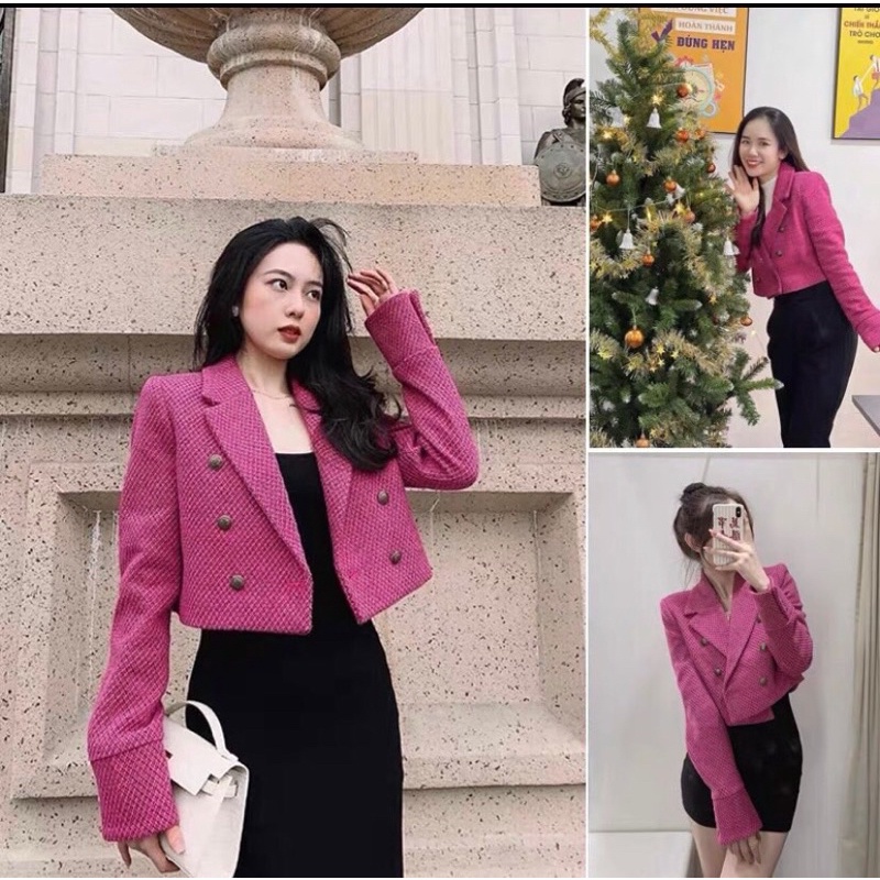 ÁO DẠ TWEED CỔ VEST CÚC ĐỒNG MÀU HỒNG CÁNH SEN SANG CHẢNH