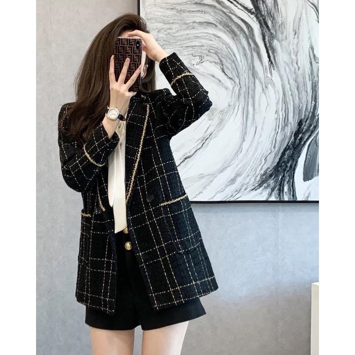 Áo Dạ Nữ Cổ Vest Viền Nhũ Dài 2 Lớp, Hàng Thiết Kế Sang Chảnh, Mặt Ngoài Dạ Quảng Châu Lót Gió Lụa