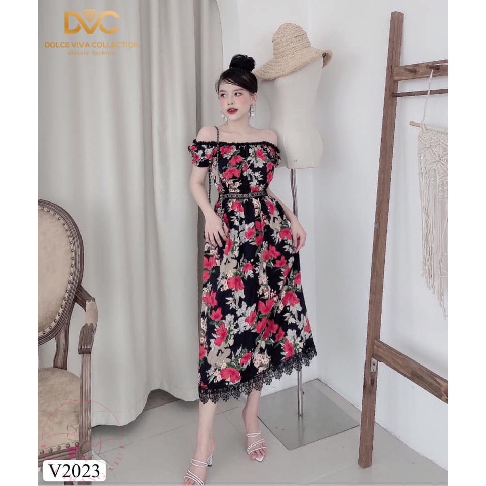 Váy hoa dáng suông trễ vai V2023