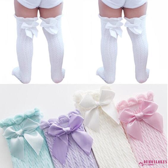 Vớ lưới cá dài qua gối bằng vải cotton thoáng khí phối nơ bướm màu trơn thời trang mùa hè 2020 dành cho bé gái