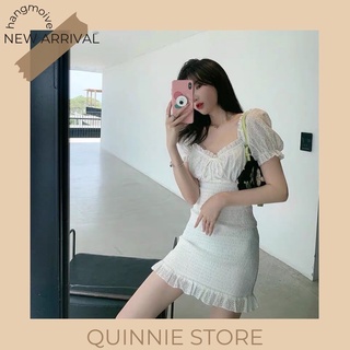Váy trắng tay bồng ôm body tôn dáng chất đẹp, đầm trắng bèo nhún Quinnie Store