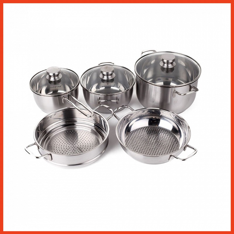 Bộ nồi Fivestar 5 chiếc 3 đáy nắp kính( gồm 1 xừng hấp, 1 quánh, 1 chào, 2 nồi) chất inox 430 tốt cho sức khỏe