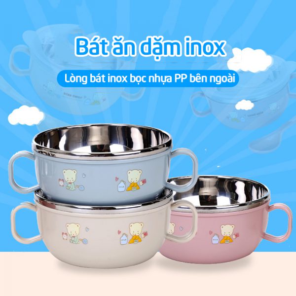 Bát ăn Dặm  Có Tay Cầm Nắp Đậy Kèm Thìa Muỗng, Chén ăn cháo, Bát Ăn Cơm Inox 2 lớp Cách Nhiệt Cho Bé