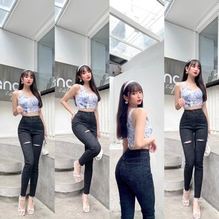 Quần jeans đen tiêu ôm rách ngang đùi co giãn- ảnh thật shop chụp