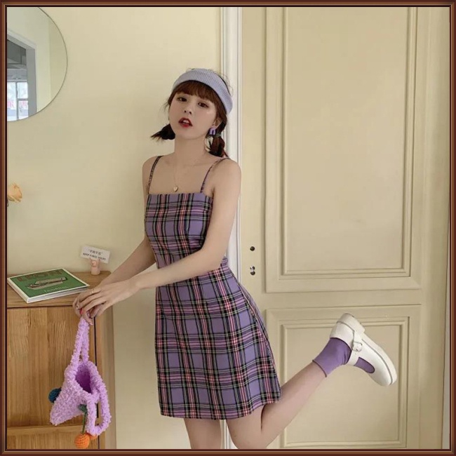 Đầm Hai Dây Màu Tím Kẻ Sọc Caro + Áo Sơ Mi Lưới Chống Nắng Thời Trang Dành Cho Nữ