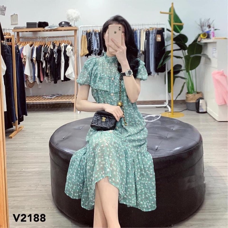 Váy hoa nhí xanh dáng dài tay bồng tiểu thư