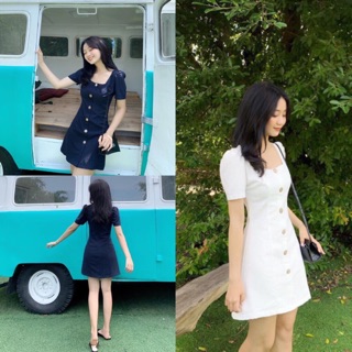 Đầm cổ vuông nút gỗ (kèm ảnh thật )