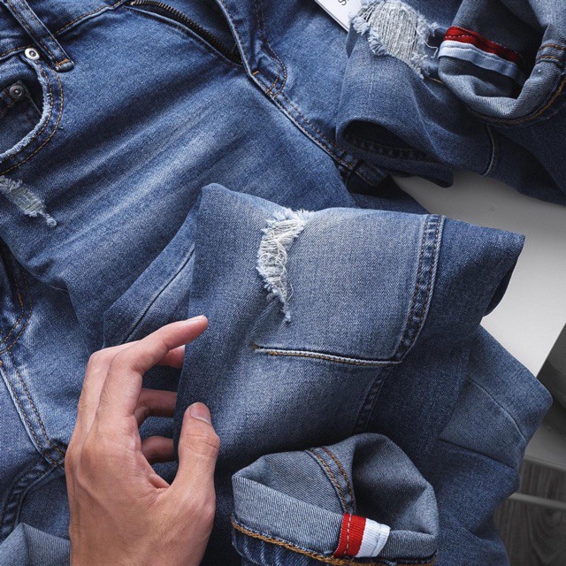 Quần jean nam VNXK xuất xịn  ống côn - xanh xước Hải An Jeans