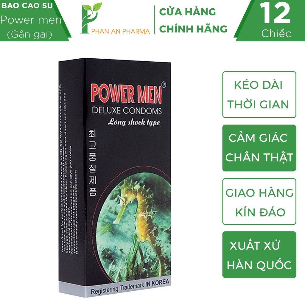 Bao Cao Su Power Men Long Shock Type Cá Ngựa Đen Gân Gai Kéo Dài Thời Gian (hộp 12 cái) - Phan An CN367