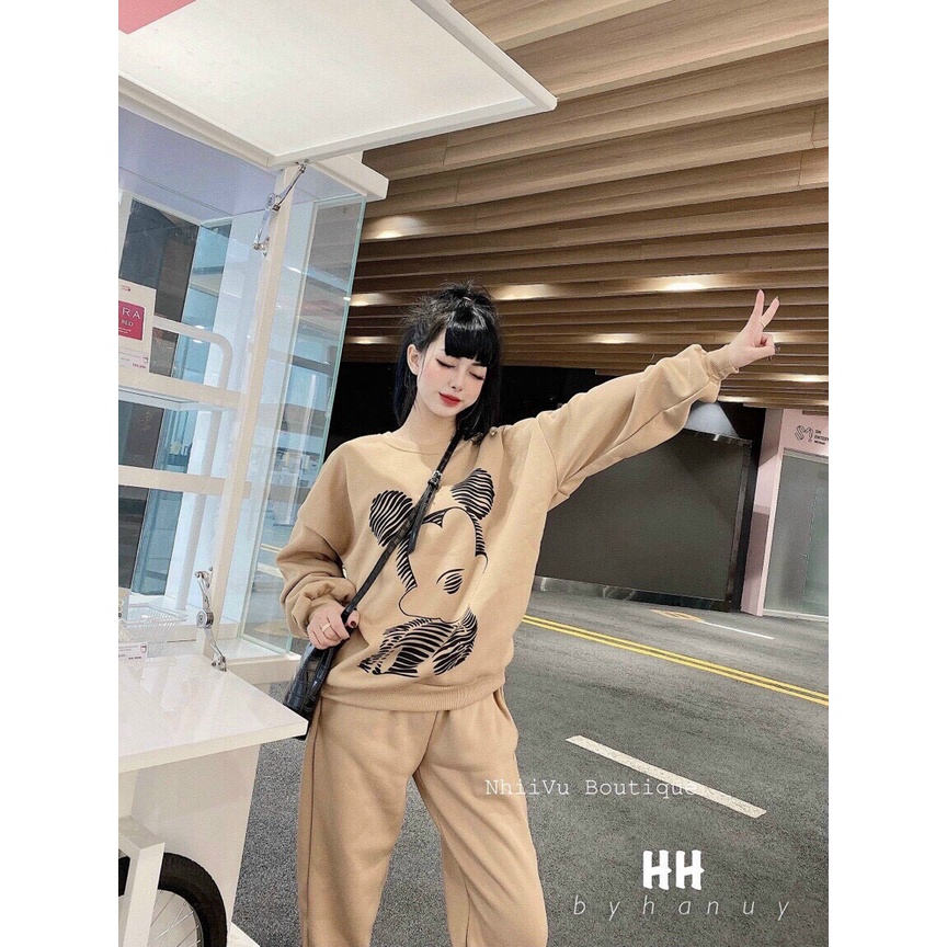 Set bộ thể thao cổ tròn tay dài, áo sweater in hình gấu chất da cá, quần ống rộng dài